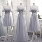 Grey Tulle With Lovely Lace Applique Wedding Party Dress, Grey Tulle A-Line Prom Dress Formal Dress