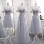 Grey Tulle With Lovely Lace Applique Wedding Prom Dresses Grey Tulle A-Line Prom Dresseses