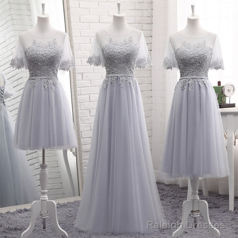 Grey Tulle With Lovely Lace Applique Wedding Prom Dresses Grey Tulle A-Line Prom Dresseses