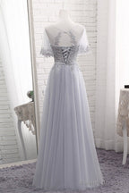 Grey Tulle With Lovely Lace Applique Wedding Prom Dresses Grey Tulle A-Line Prom Dresseses