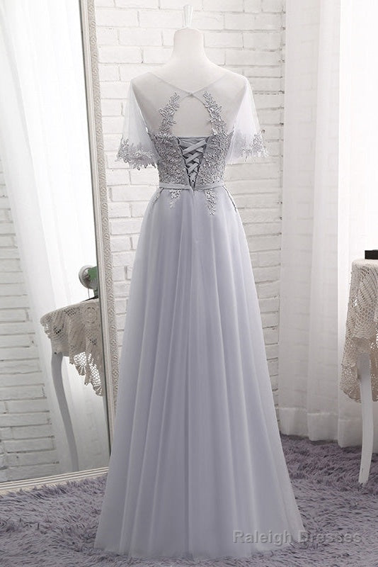 Grey Tulle With Lovely Lace Applique Wedding Prom Dresses Grey Tulle A-Line Prom Dresseses