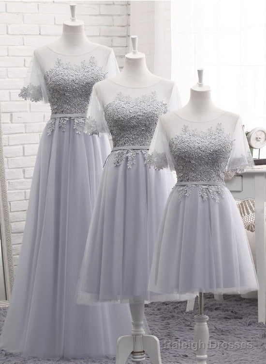 Grey Tulle With Lovely Lace Applique Wedding Party Dress, Grey Tulle A-Line Prom Dress Formal Dress Main image