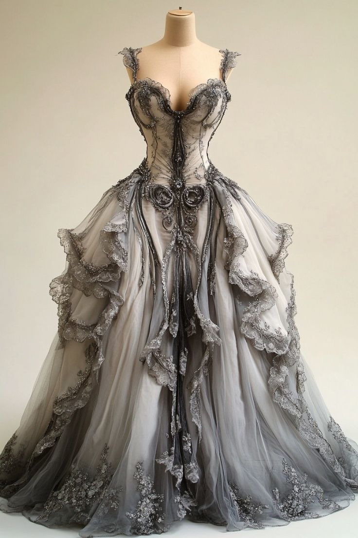 Grey V-Neck Lace Tulle Long Ball Gowns Vintage Prom Dresses