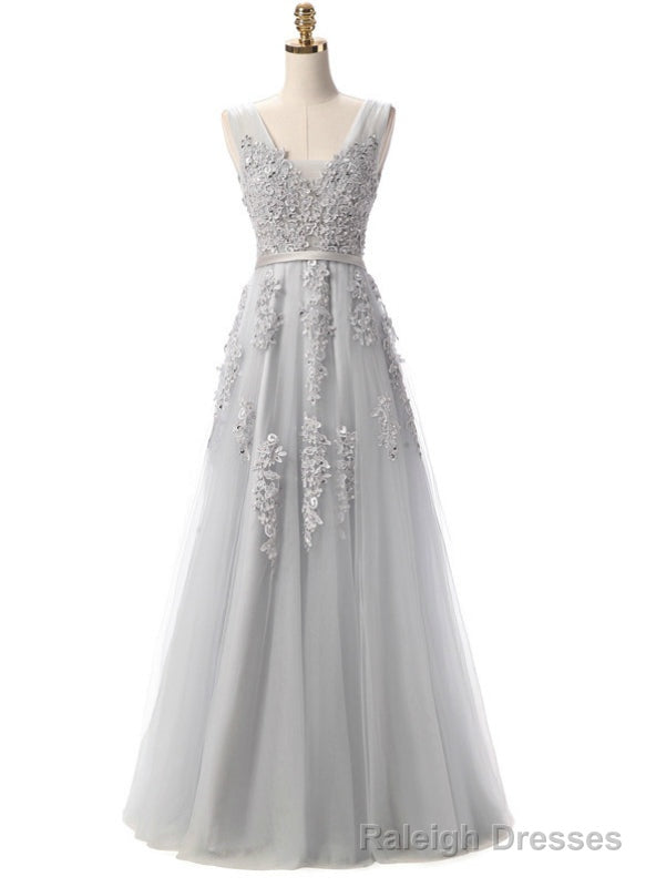Grey V Neck Long Lace Appliques Prom Dresses
