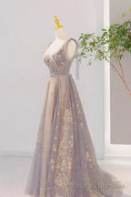Grey V Neck Sequins Long Formal Dress, Grey Tulle Prom Dress