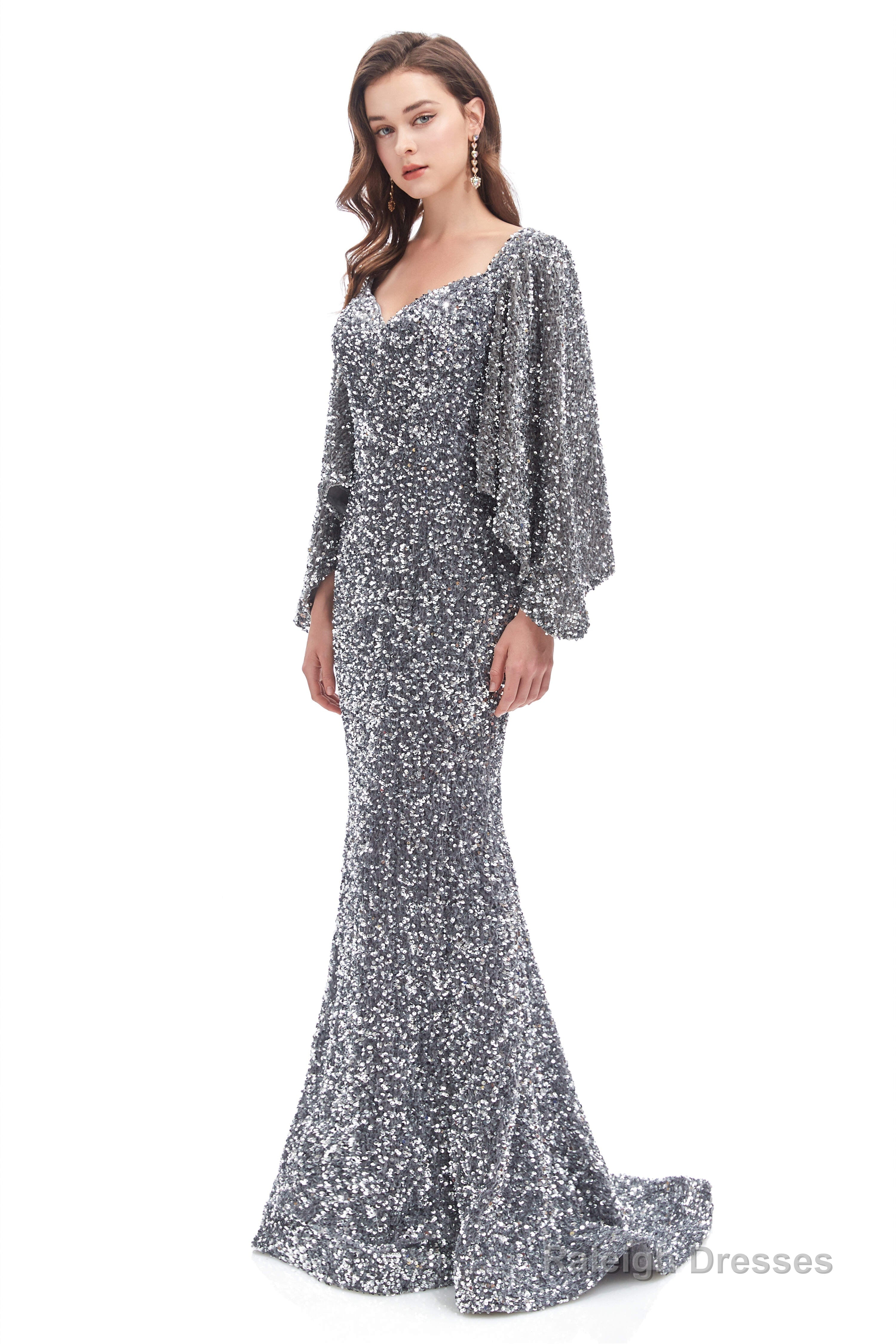 V-Neck Sequins Mermaid Prom Dresses with Sleeves