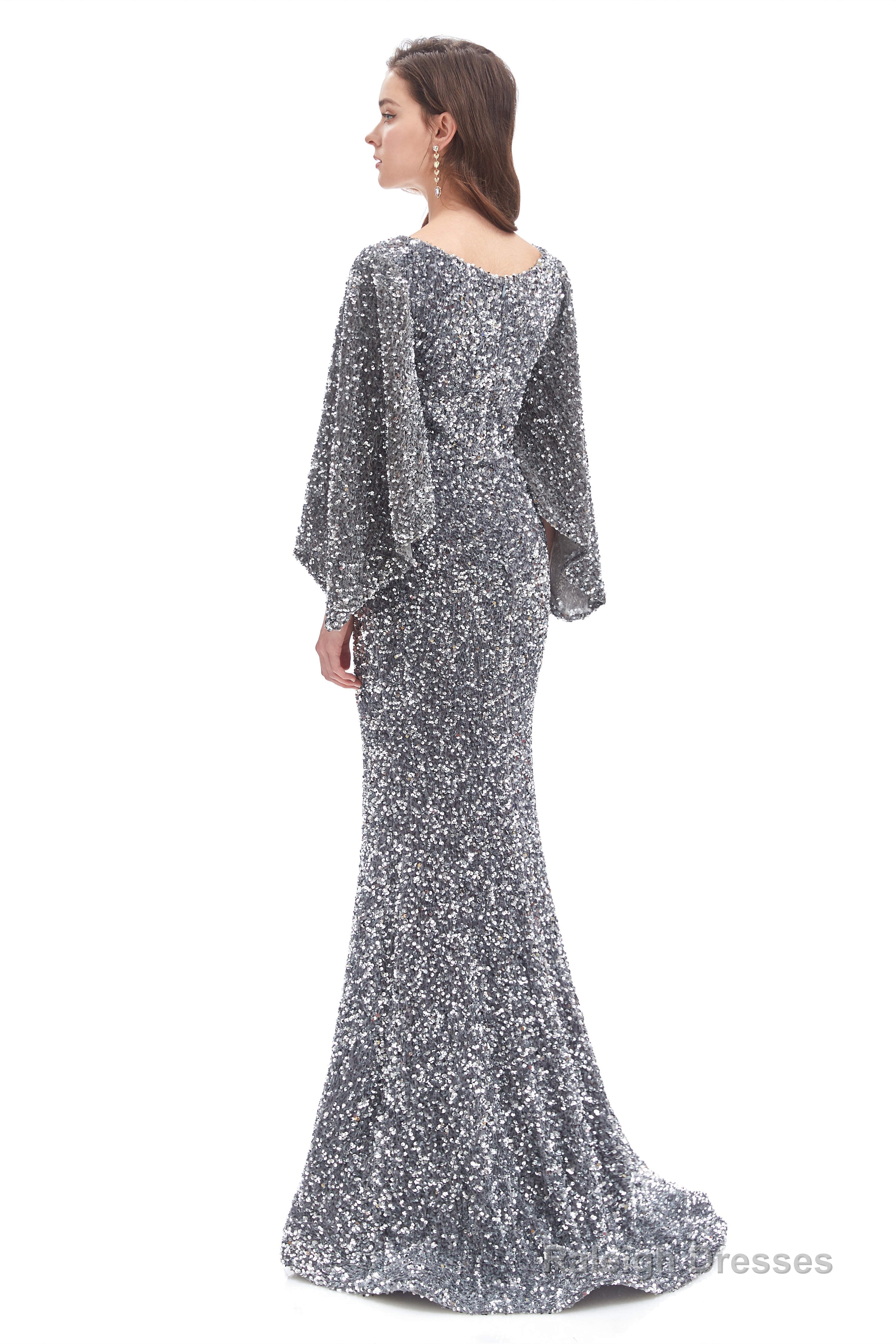 V-Neck Sequins Mermaid Prom Dresses with Sleeves