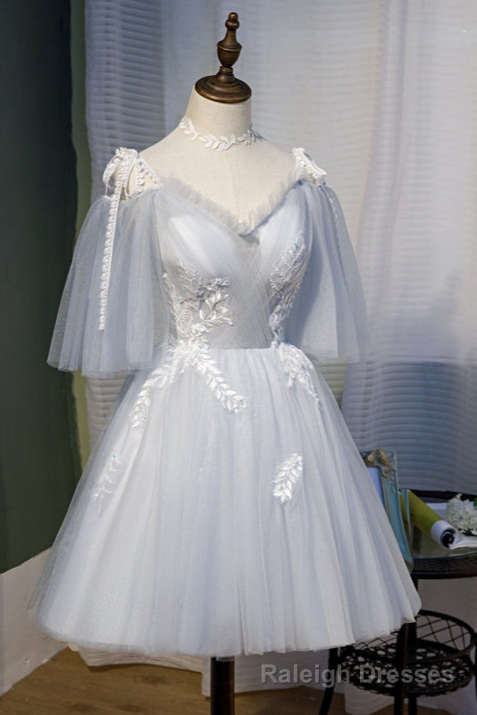 Grey V-neckline Straps Knee Length Homecoming Dress, Grey Short Prom Dress Main image