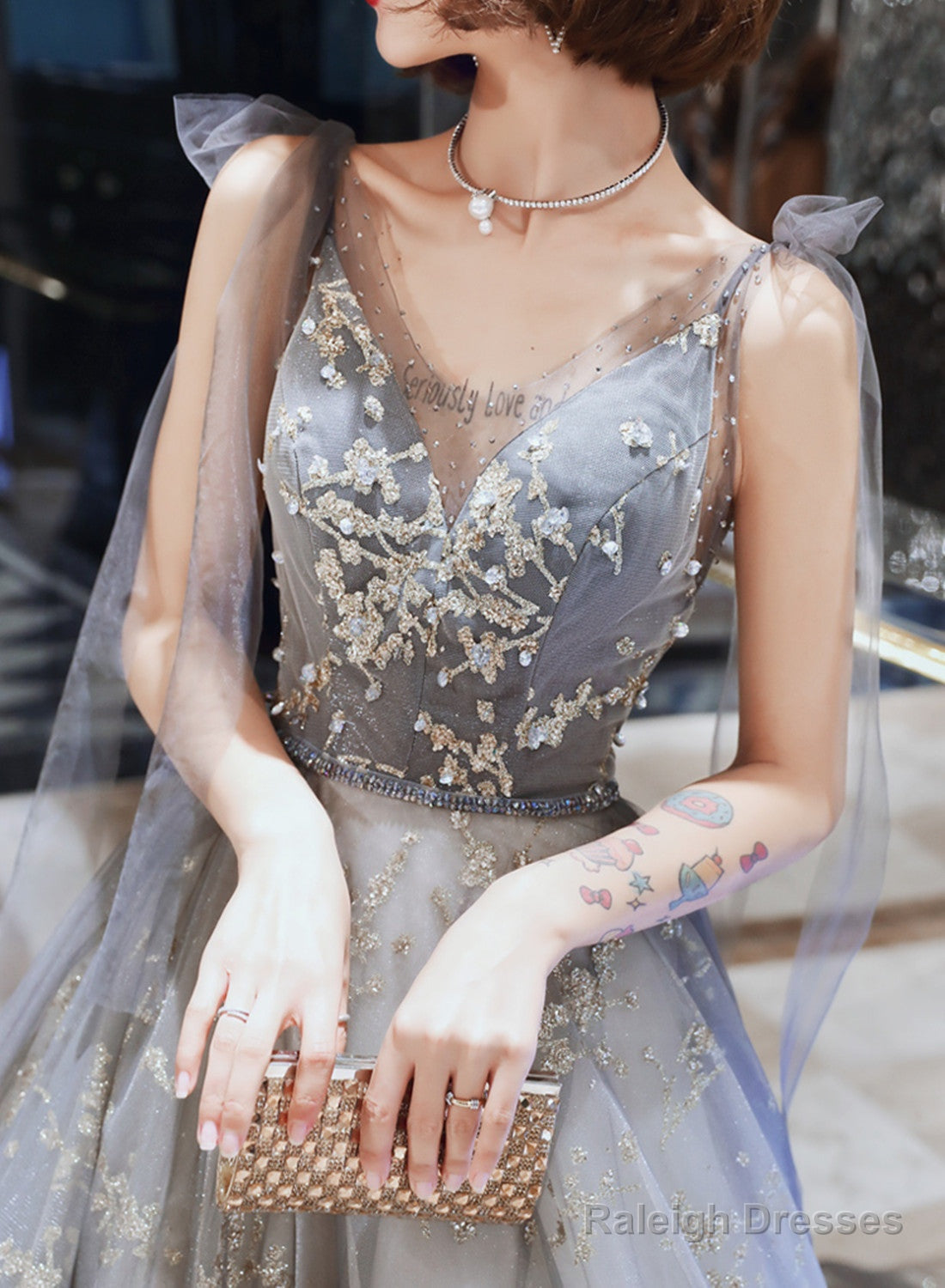 Grey V-Neckline Tulle Beaded Waist Long Prom Dresses A-Line Grey Prom Dresses