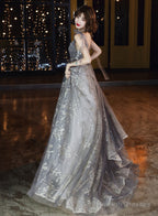 Grey V-Neckline Tulle Beaded Waist Long Prom Dresses A-Line Grey Prom Dresses