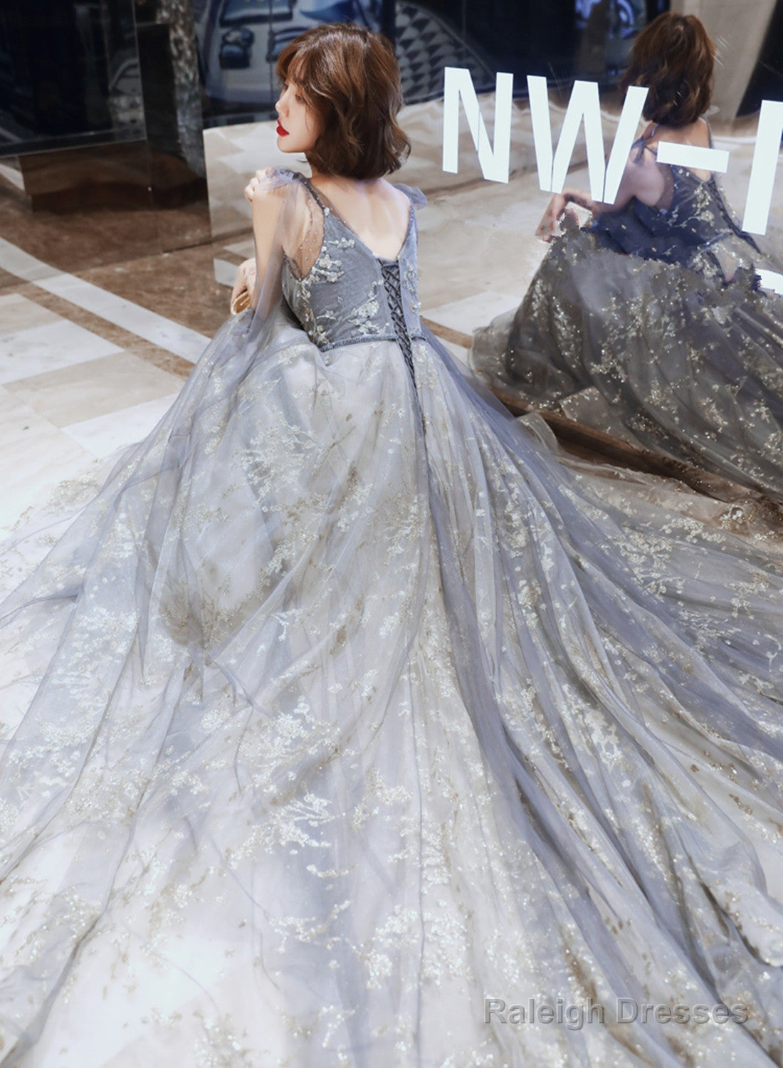 Grey V-Neckline Tulle Beaded Waist Long Prom Dresses A-Line Grey Prom Dresses