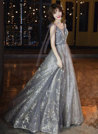 Grey V-Neckline Tulle Beaded Waist Long Prom Dresses A-Line Grey Prom Dresses