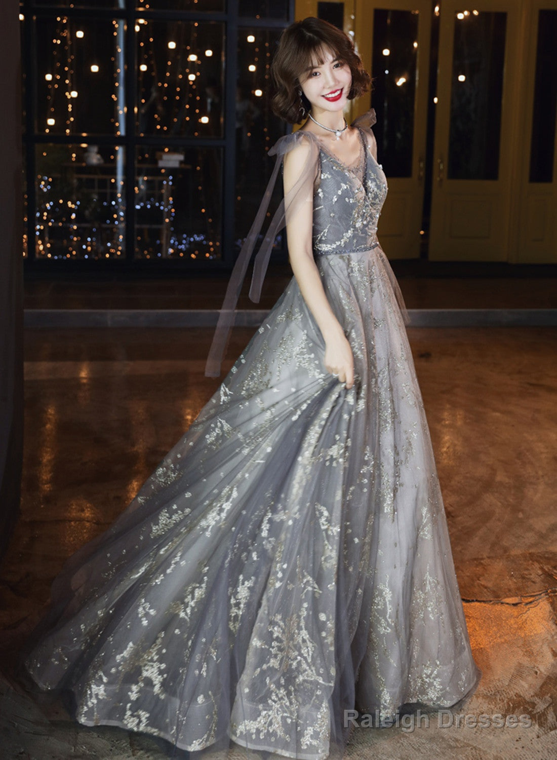 Grey V-Neckline Tulle Beaded Waist Long Prom Dresses A-Line Grey Prom Dresses