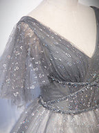 Grey V Neckline Tulle Low Back Long Prom Dress, Grey Formal Dress Prom Dress