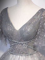Grey V Neckline Tulle Low Back Long Prom Dress, Grey Formal Dress Prom Dress