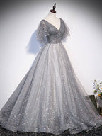 Grey V Neckline Tulle Low Back Long Prom Dress, Grey Formal Dress Prom Dress