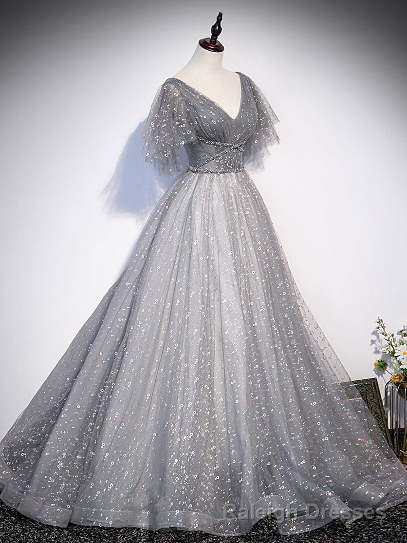 Grey V Neckline Tulle Low Back Long Prom Dress, Grey Formal Dress Prom Dress