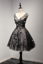 V Neck Short Black Lace Homecoming Prom Dresses, Short Prom Prom Dresses