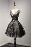 V Neck Short Black Lace Homecoming Prom Dresses, Short Prom Prom Dresses