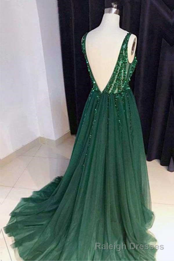 Chic A-Line V Neck Backless Dark Green Tulle Prom Dress with Sequins Evening Dresses Secondary image
