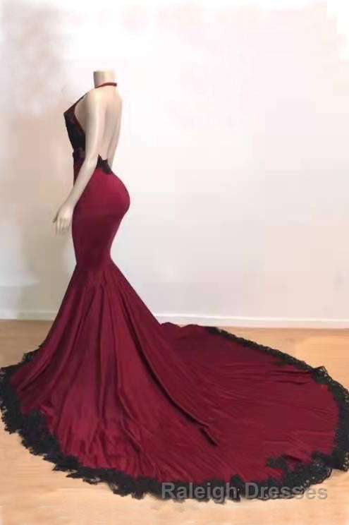 Burgundy Halter Deep V Neck Mermaid Prom Dress with Lace, Long Evening Gown Secondary image