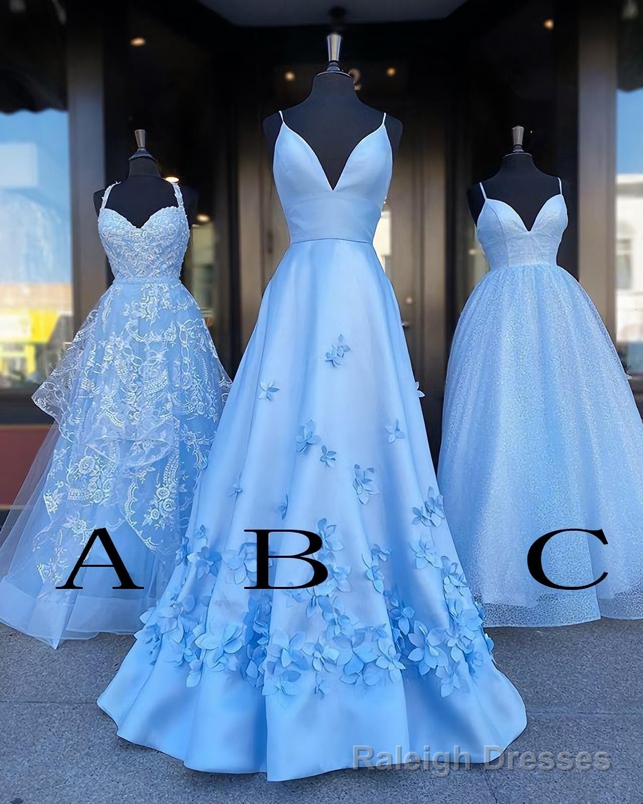 Charming Blue Spaghetti Straps V Neck Flowers Long Prom Dresses, Satin Unique Formal Dresses Secondary image