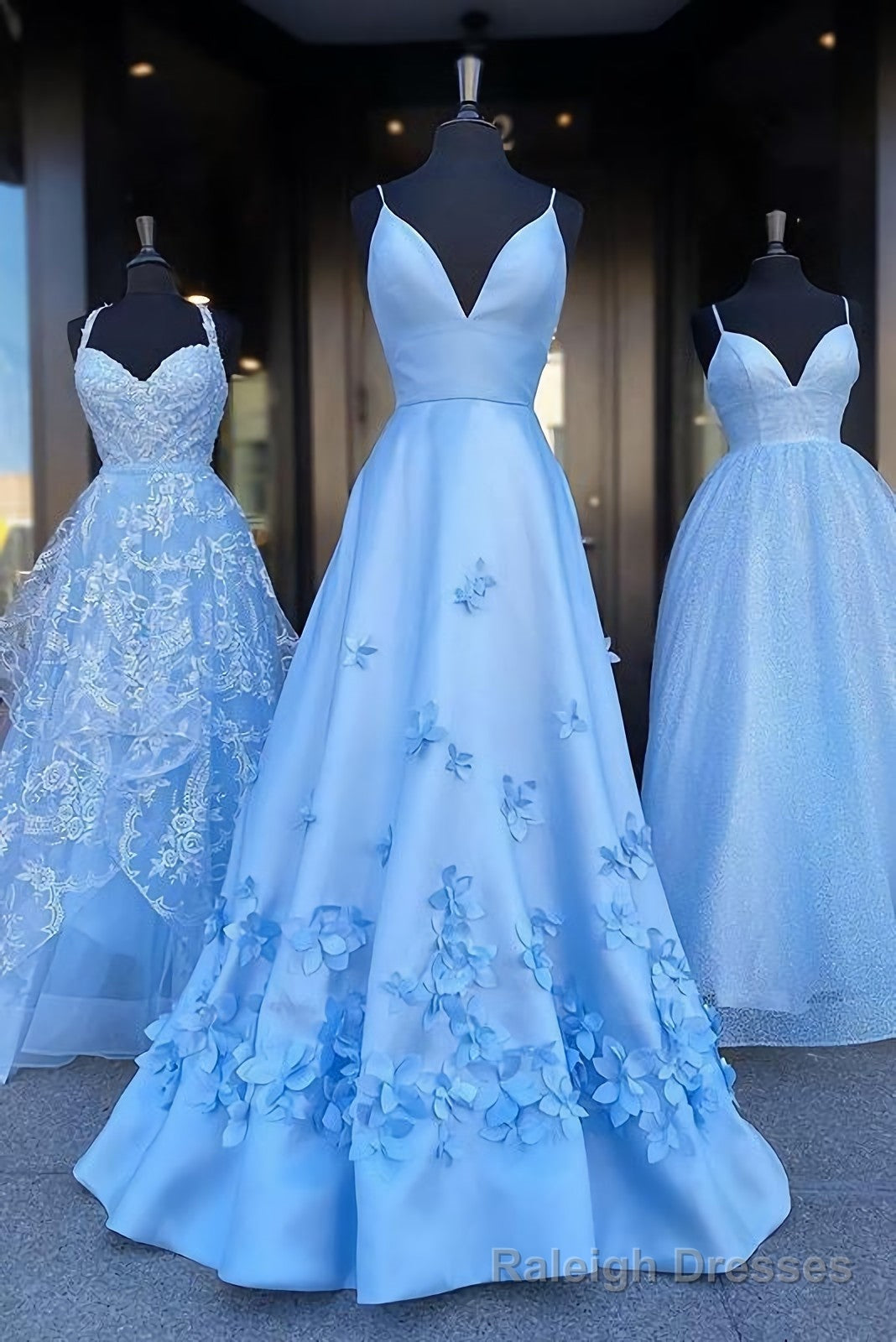 Charming Blue Spaghetti Straps V Neck Flowers Long Prom Dresses, Satin Unique Formal Dresses Main image