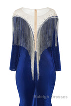 Deep V Neck Shiny Royal Blue Long sleeves Mermaid Prom Dresses