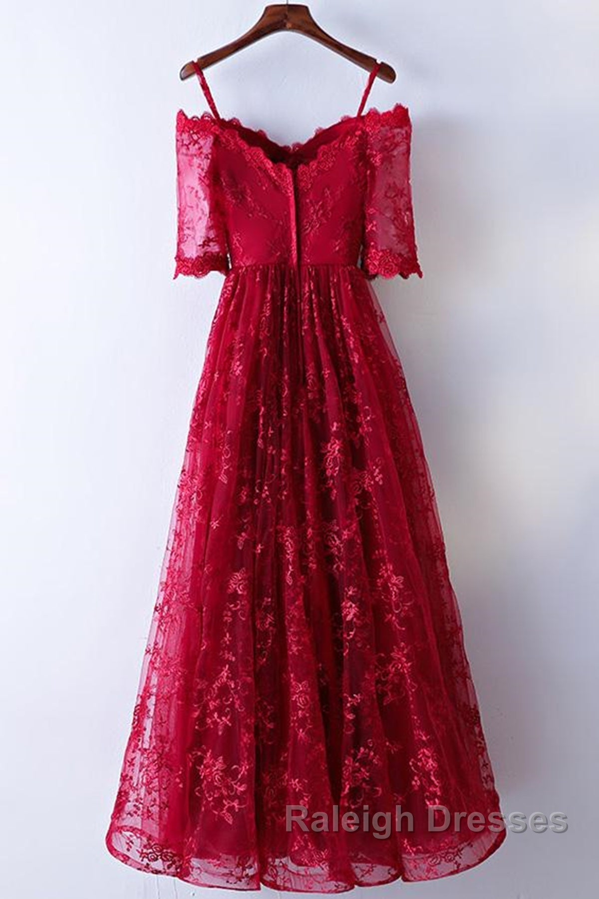 Half Sleeves Burgundy Lace Prom Dresses, Wine Red Half Sleeves Long Lace Formal Evening Dresses Secondary image