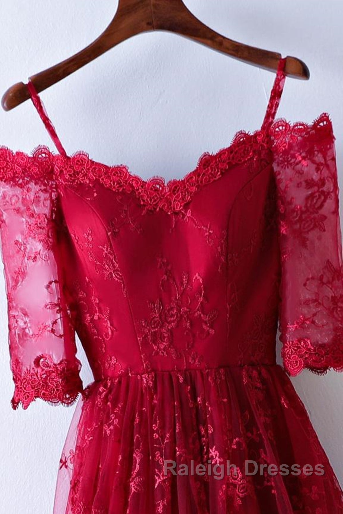 Half Sleeves Burgundy Lace Prom Dress Wine Red Half Sleeves Long Lace Prom Dress