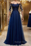 Half Sleeves Navy Blue Long Lace Prom Dresses, Dark Navy Blue Long Lace Formal Bridesmaid Dresses