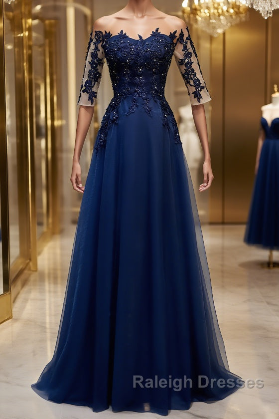 Half Sleeves Navy Blue Long Lace Prom Dress Dark Navy Blue Long Lace Prom Bridesmaid Dress Main image
