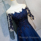 Half Sleeves Navy Blue Long Lace Prom Dress Dark Navy Blue Long Lace Prom Bridesmaid Dress