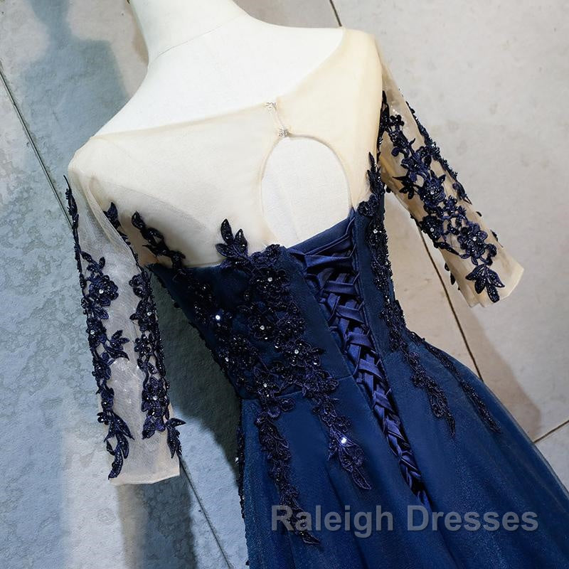 Half Sleeves Navy Blue Long Lace Prom Dress Dark Navy Blue Long Lace Prom Bridesmaid Dress