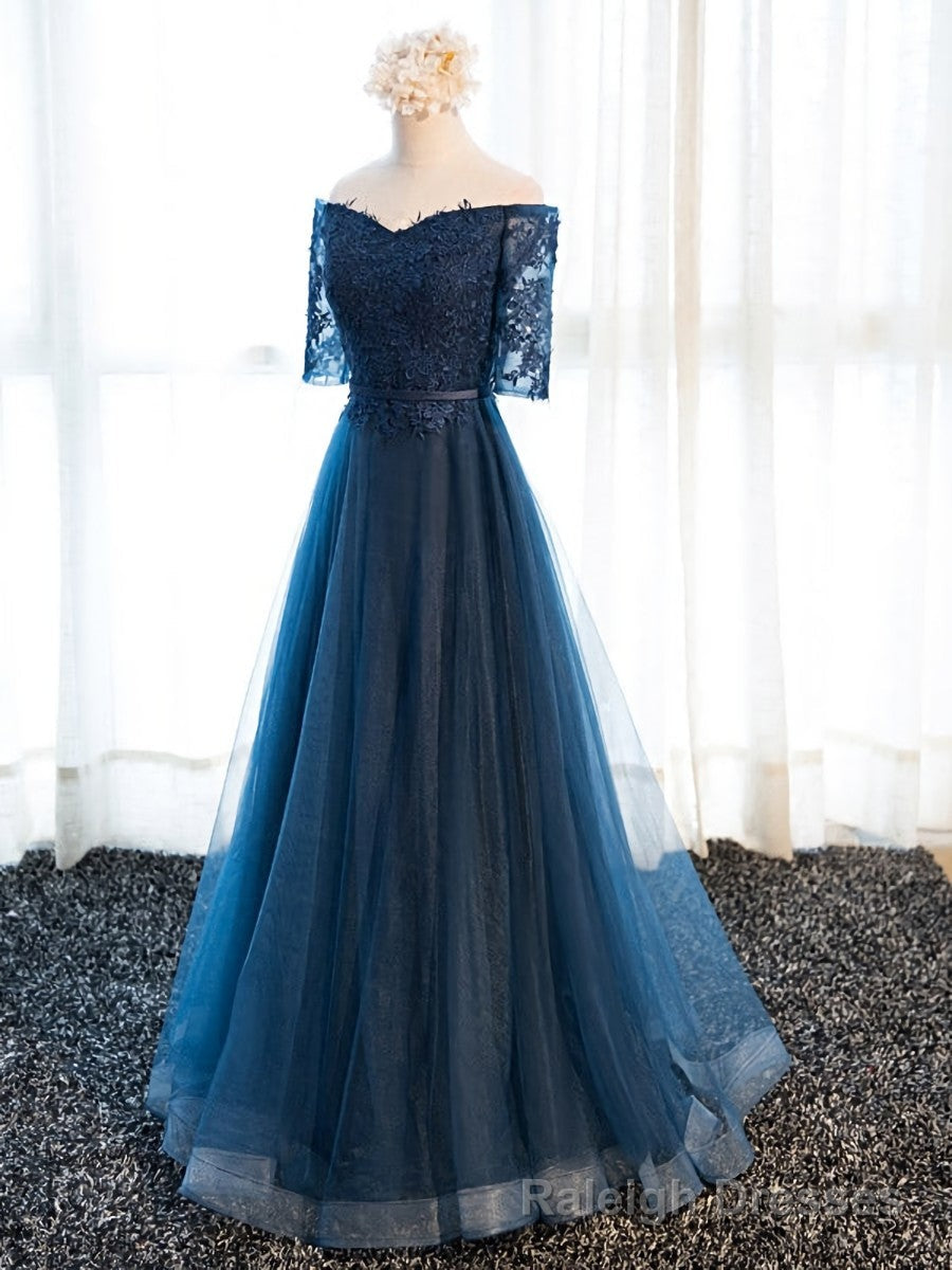Half Sleeves Navy Blue Long Lace Prom Dresses, Navy Blue Lace Formal Bridesmaid Dresses Secondary image