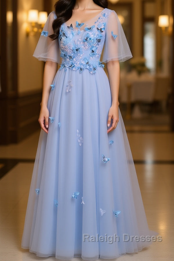 Half Sleeves Round Neck Blue Floral Long Prom Dresses, Blue Long Formal Evening Dresses with Flower