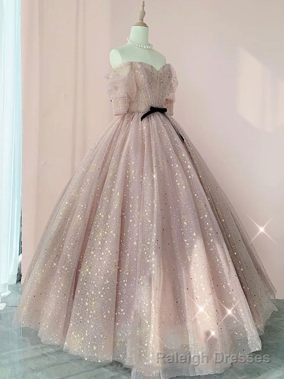 Half Sleeves Shiny Pink Prom Dresses, Shiny Pink Long Formal Prom Dresses Main image