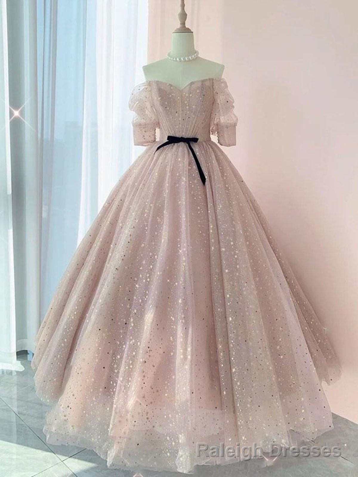 Half Sleeves Shiny Pink Prom Dresses, Shiny Pink Long Formal Prom Dresses