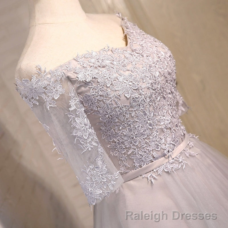 Half Sleeves Short Gray/Blue Lace Prom Dresses, Short Gray/Blue Lace Homecoming Bridesmaid Dresses