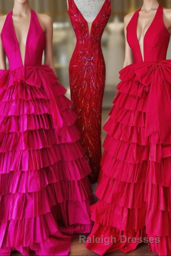 Halter A-Line Blue Satin Long Ruffled Prom Dress With Slit Main image