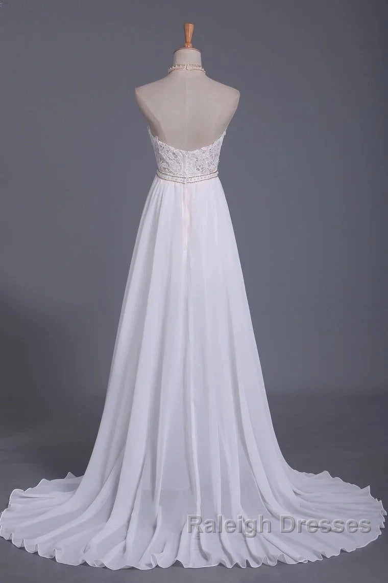Halter Backless Chiffon Long Wedding Gown With Ruffles Pearl Lace