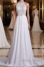 Halter Backless Chiffon Long Wedding Gown With Ruffles Pearl Lace