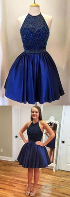 Halter Backless Royal Blue Beaded Homecoming Dresses