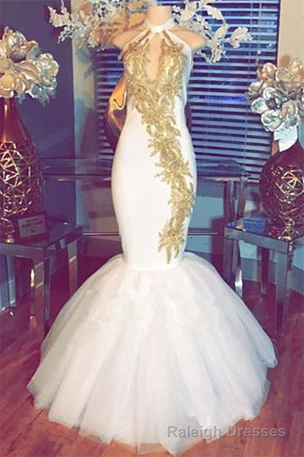 Halter Gold Beads Mermaid Prom Dresses Sleeveless White Prom Gowns With Appliques