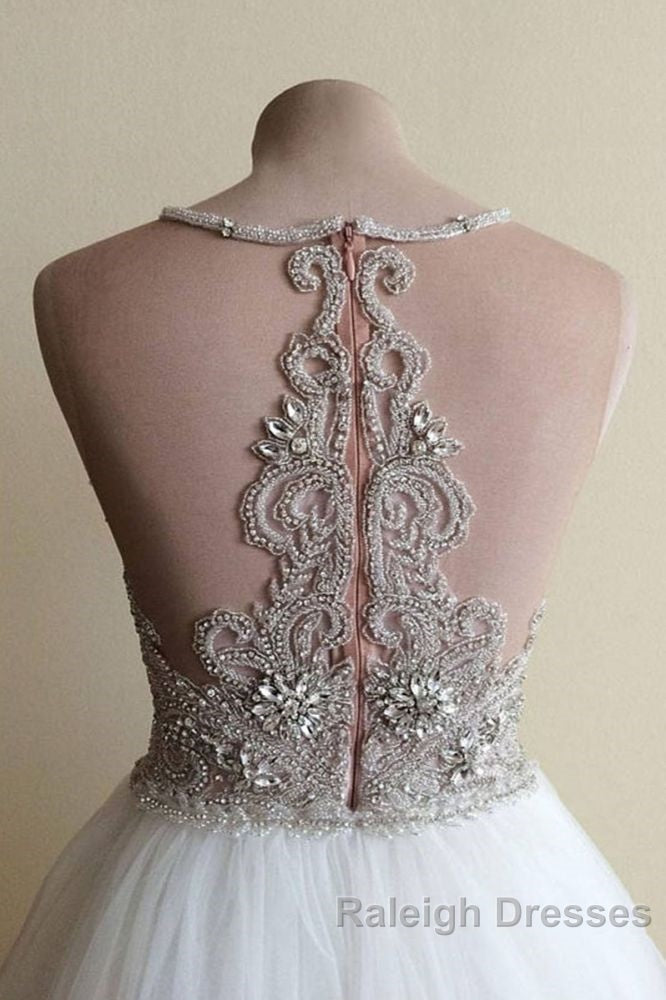 Halter Illusion neck High split A Line Tulle Princess Wedding Dresses