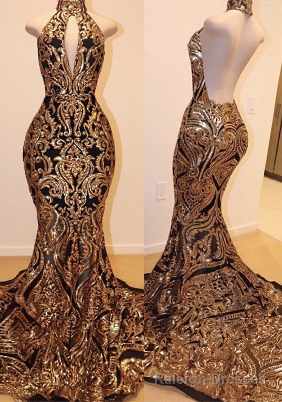 Halter Keyhole Neckline Sequins Appliques Mermaid Prom Dresses Secondary image