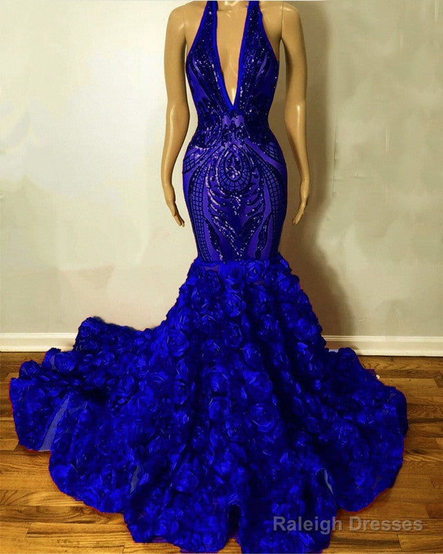Halter Mermaid Sequin Rosette Prom Dresses