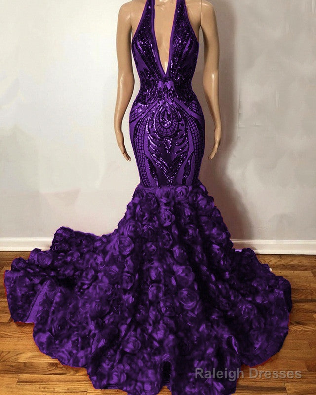 Halter Mermaid Sequin Rosette Prom Dresses Main image