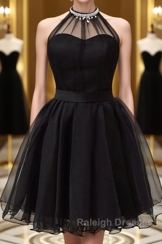 Halter Neck Backless Black Short Prom Dresses Open Back Black Homecomi