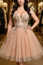 Halter Neck Backless Champagne 3D Floral Short Prom Dress, Backless Champagne Formal Graduation Homecoming Dress